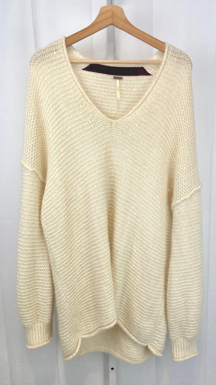 FREE PEOPLE All Mine V-Neck Tunic Sweater Long Sleeve Cotton Alpaca Cream Size M